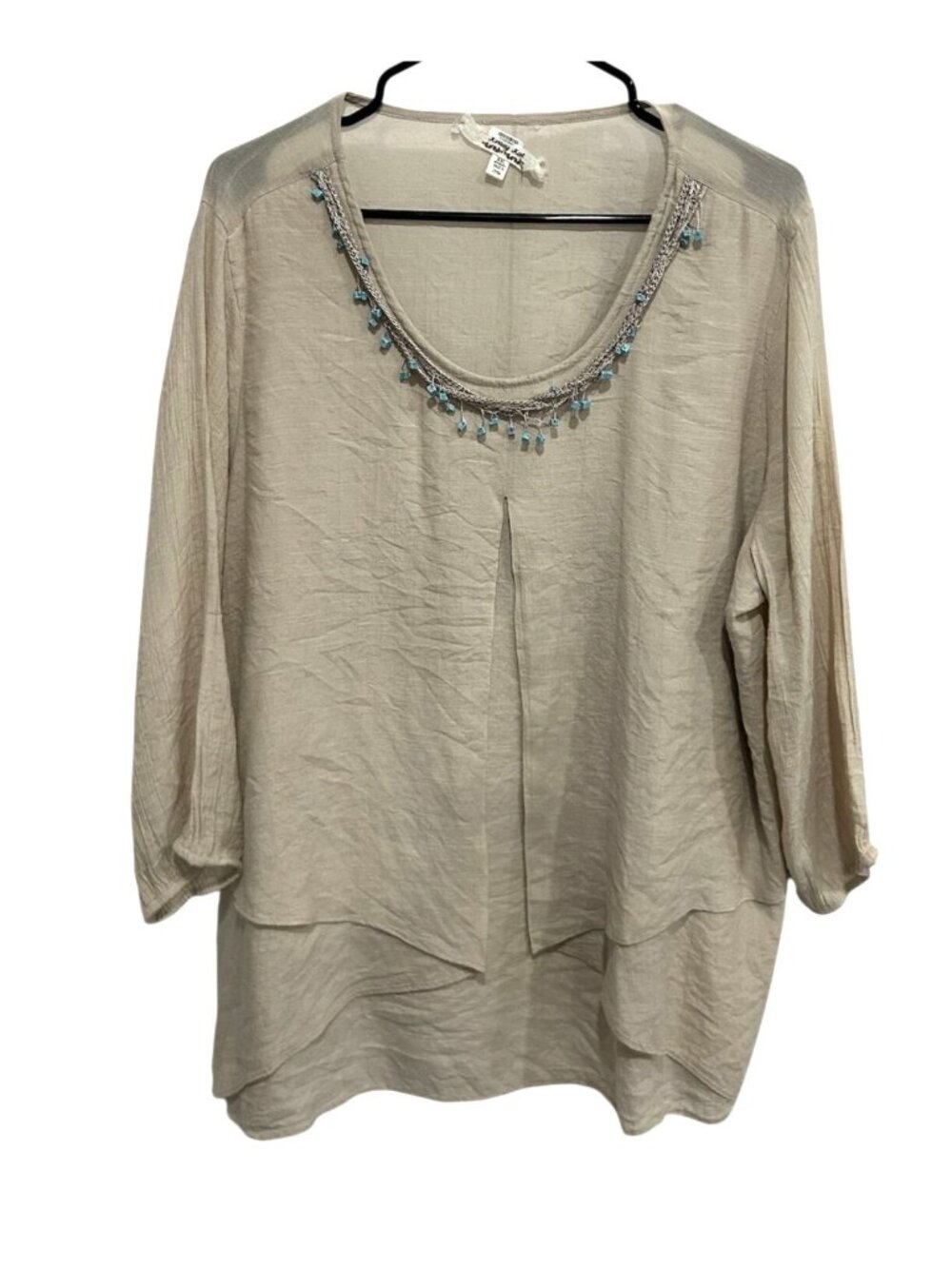 Krazy Kat XXL Beige Tunic Top Beaded Neckline 3/4 Sleeves Boho Chic Earth Tones